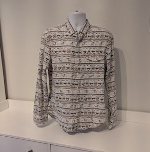 BONOBOS Holiday Print Shirt Size M Reindeer Snowflake Men's Slim Fit Ivory, Blue